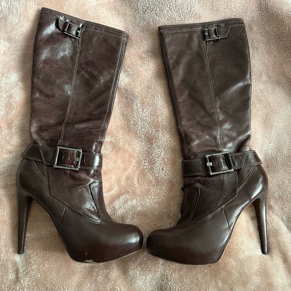 L.A.M.B Knee High stiletto Brown Leather Boots size 9.5
